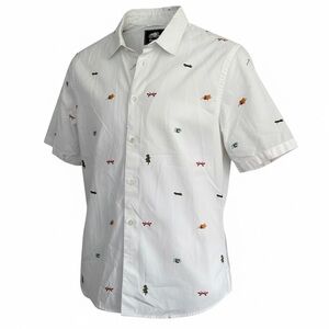 Roots White Men's Shirt with Multicolor Camping themed Embroidery Sz xsmall